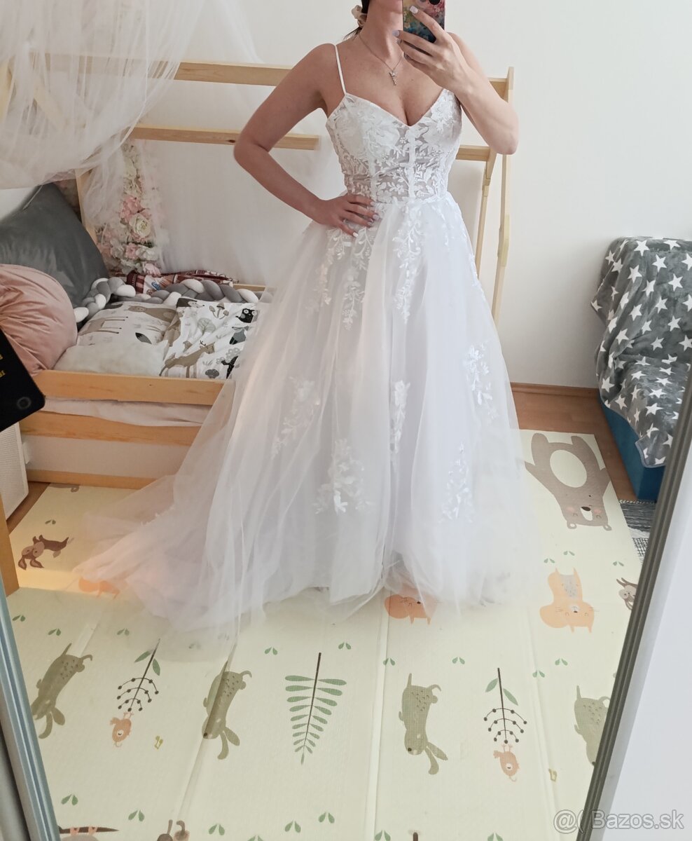 Krasne nové nenosené svadobné biele šaty na ramienka, 36 - 2