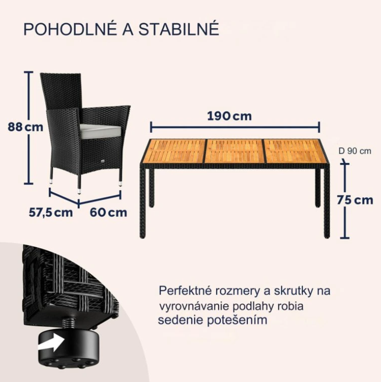 Záhradný ratanový stôl čierna 150 a 190 x 90 a 6 stoličiek - 2