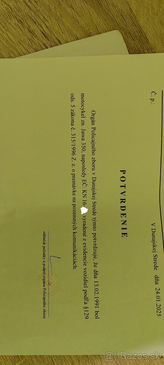 Rám jawa 639 + potvrdenie - 2