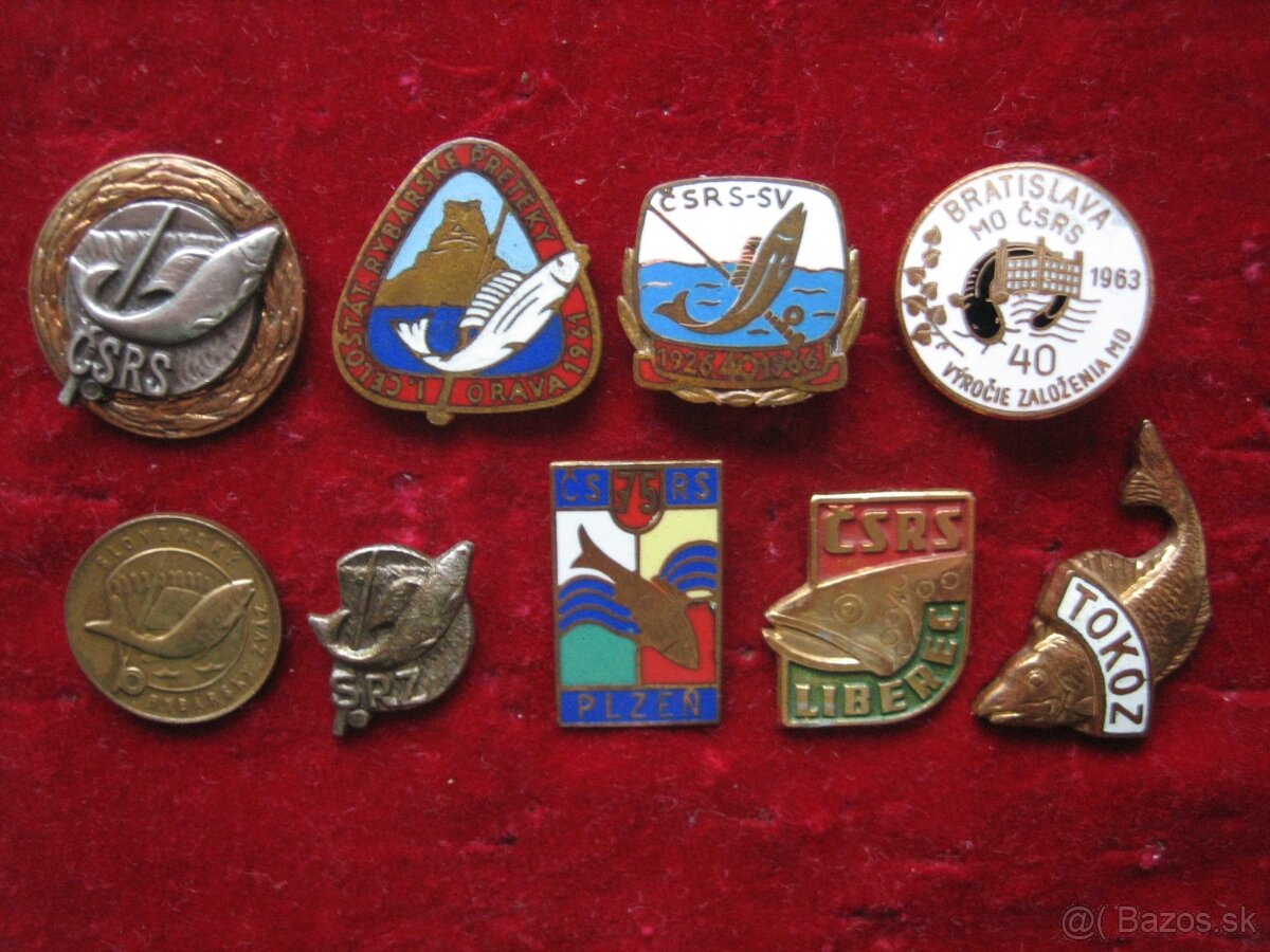 Rybárske odznaky, rybársky odznak 9 kusov. - 2