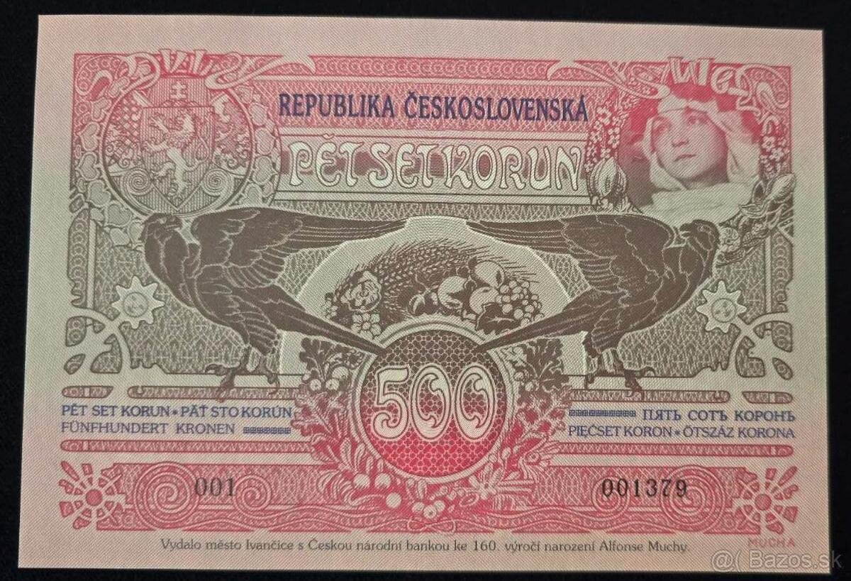 500 Kč 1919 výroční bankovka A. Mucha, Ivančice 2020, UNC st - 2