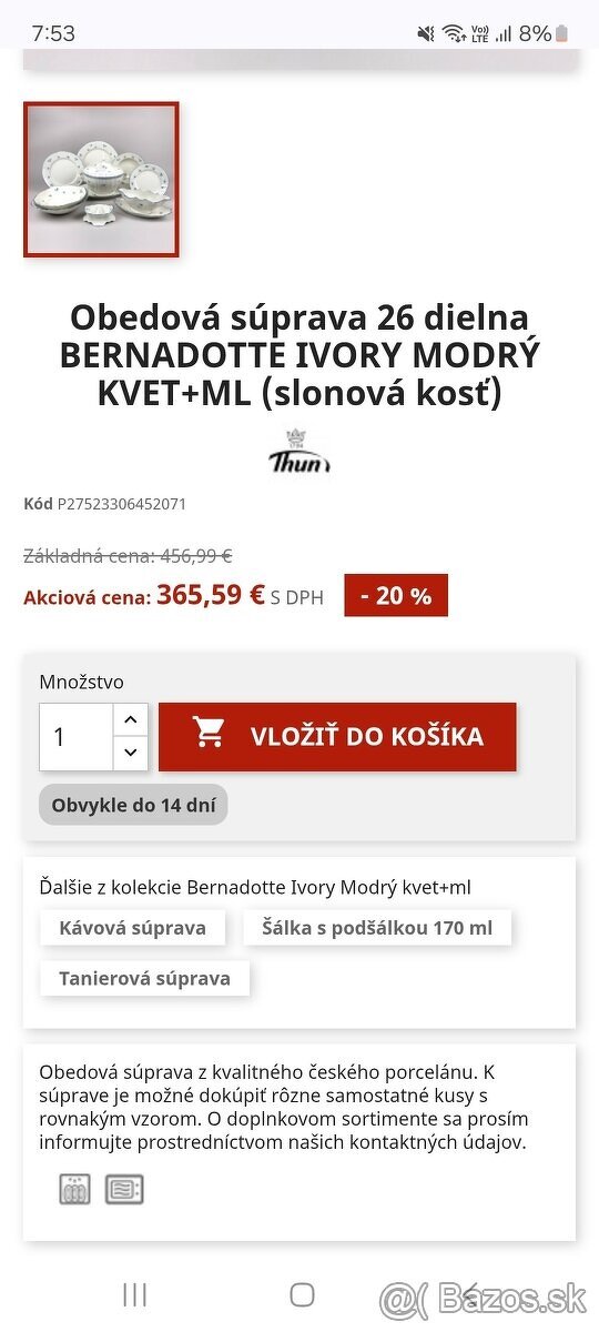 Úplne nová OBED súprava 26 diel. BERNADOTTE IVORY MODRÝ KVET - 2