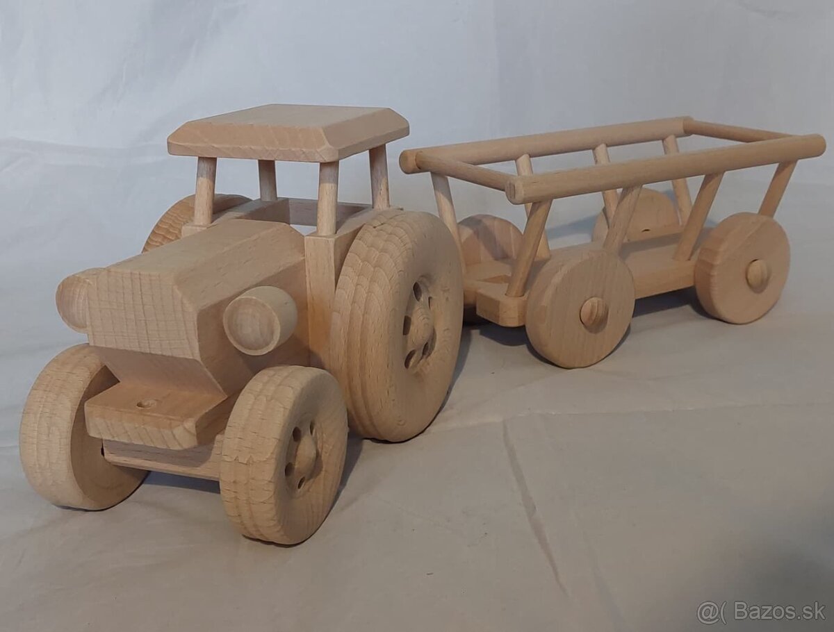Drevený traktor s vlečkou 40cm, NOVÝ - 2