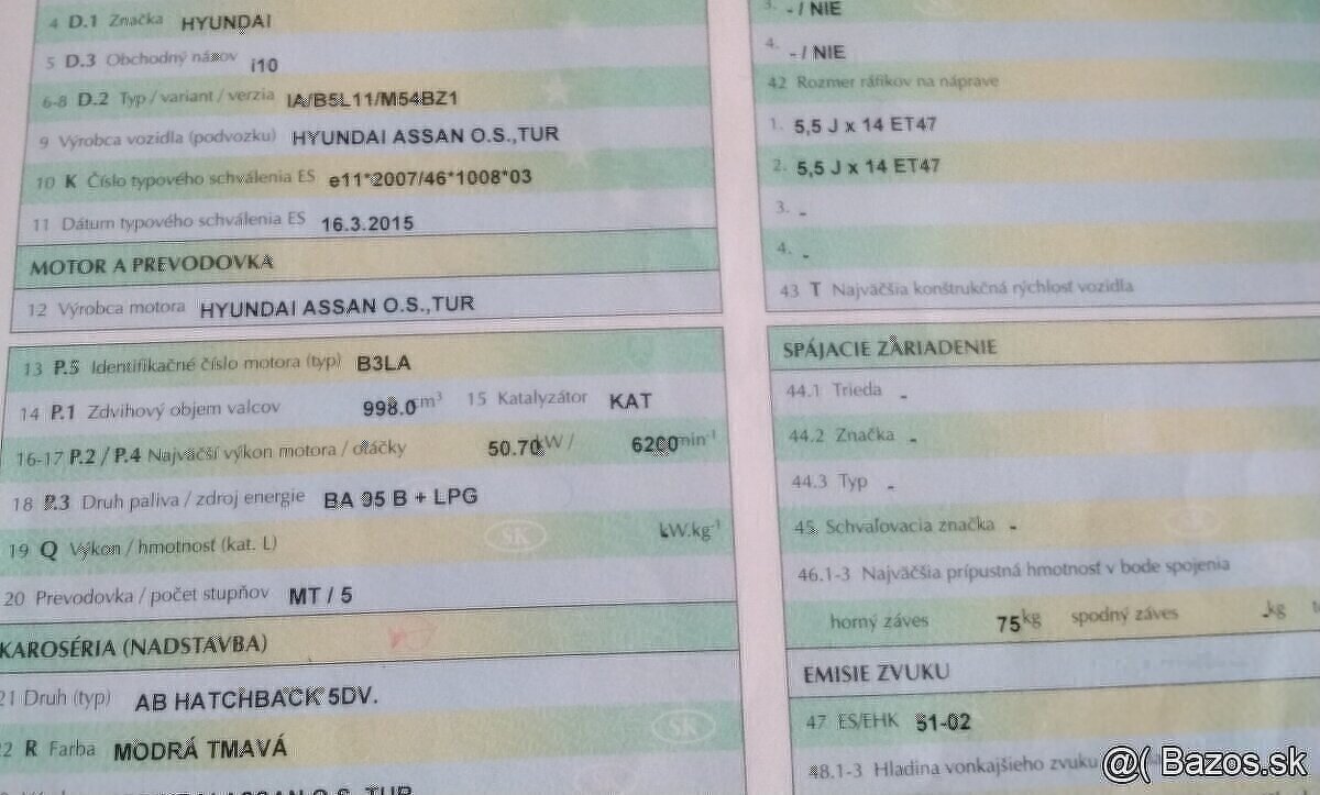 Hyundai i10 1.0 2015 predám MOTOR B3LA, PREVODOVKA MANUAL 5 - 2