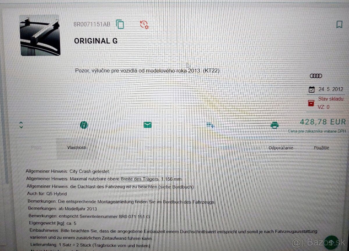 Originál strešné nosiče Audi Q5 2013 - 2