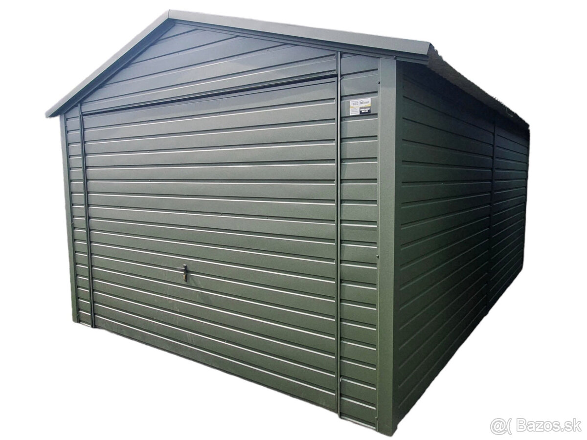 Plechová garáž 3,5×5, výklop. brána,zelená,strecha dvojspád - 2