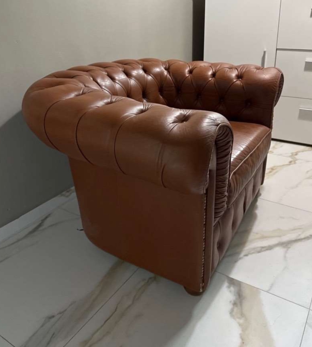 Chesterfield pohovka + 2 kreslá z pravej hnedej kože - 2