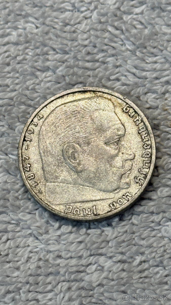 Německo – 2 Reichsmark 1937 (Paul von Hindenburg, Ag 625/100 - 2