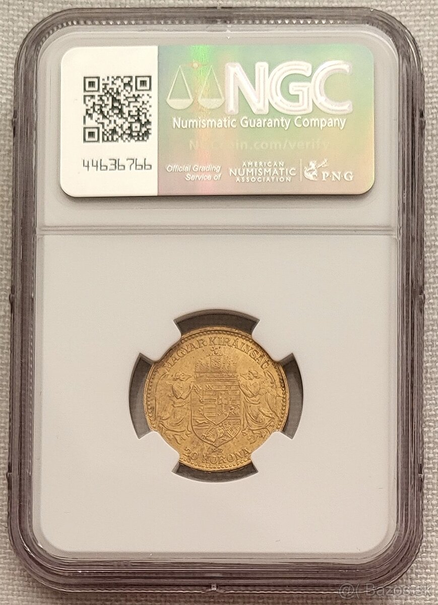 Zlatá uhorská 20 koruna FJI, 1914, so znakom Bosny, NGC MS63 - 2