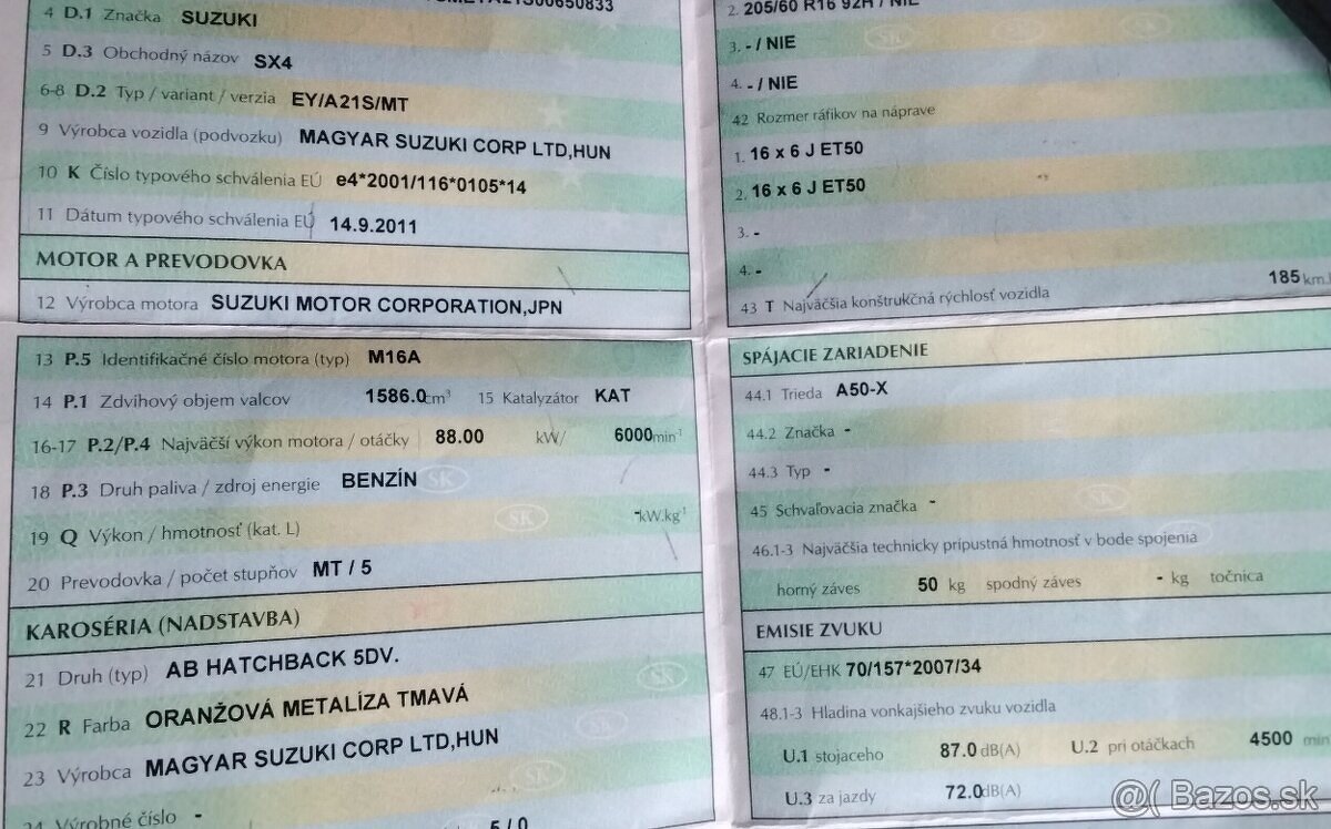 SUZUKI SX4 1.6 2011 88kW Predám MOTOR M16A, PIATE DVERE - 2