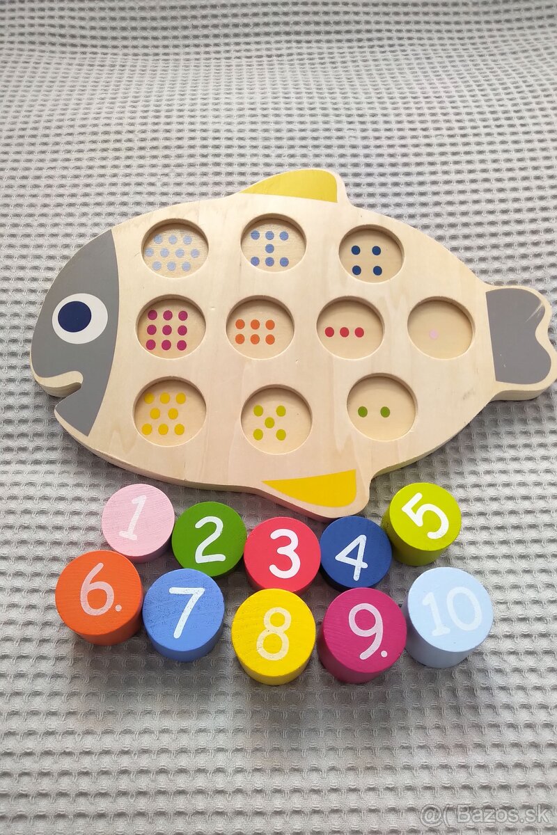 2x drevena vkladacka: rybka-cisla, farby + vkladacka hodiny - 2