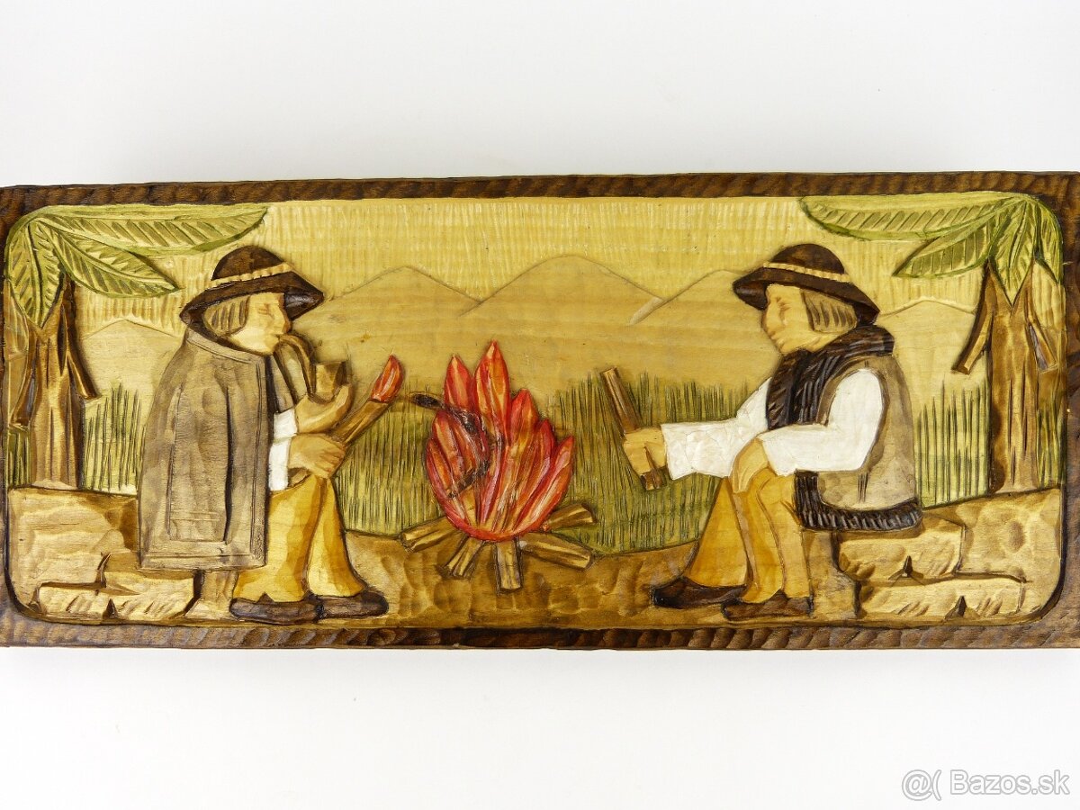 Ľudový Vyrezávaný Reliéf - Pastieri pri Ohni - 2