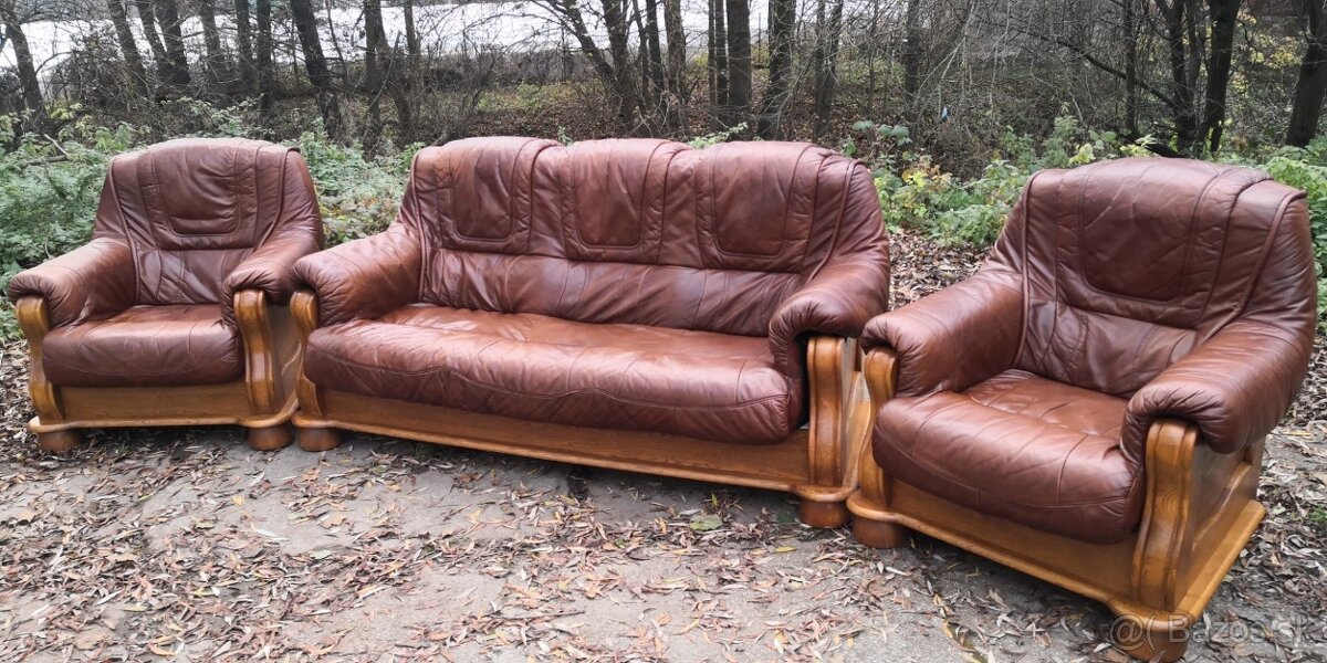 Kožená sedacia súprava 3+1+1 s masivnym drevom - 2