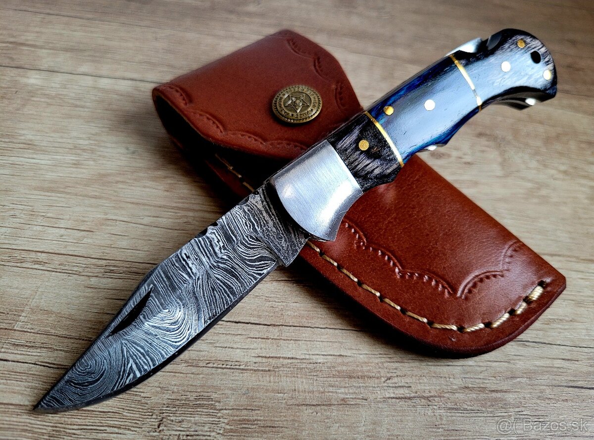 nový kapesní Damaškový nôž ručně vyroben + kožený pouzdro A+ - 2
