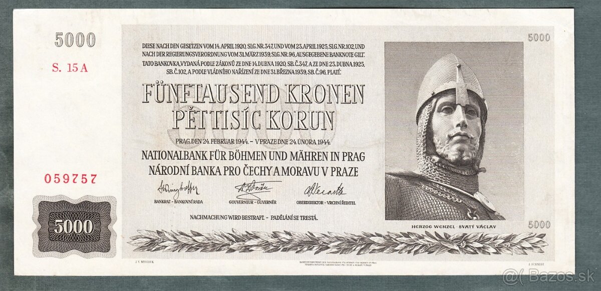 Staré bankovky 5000 korun 1944 NEPERFOROVANA, VZÁCNÁ, skoro - 2