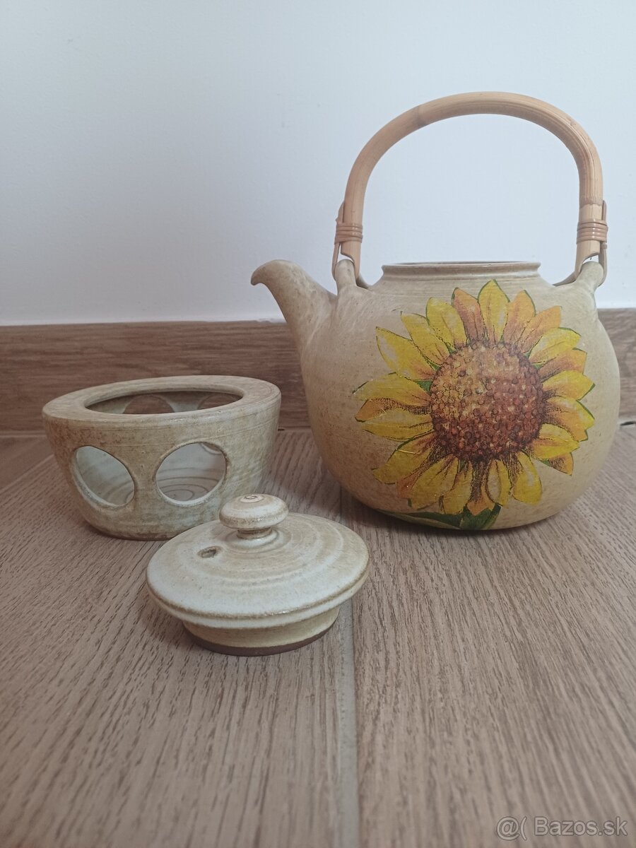 Keramický čajník Vintage Studio Pottery s podstavcom na svie - 2