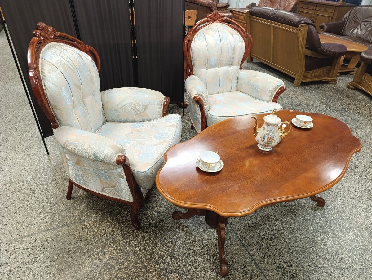 Zámecké křeslo 2 ks + konferenční stolek, i zvlášť, masív - 2