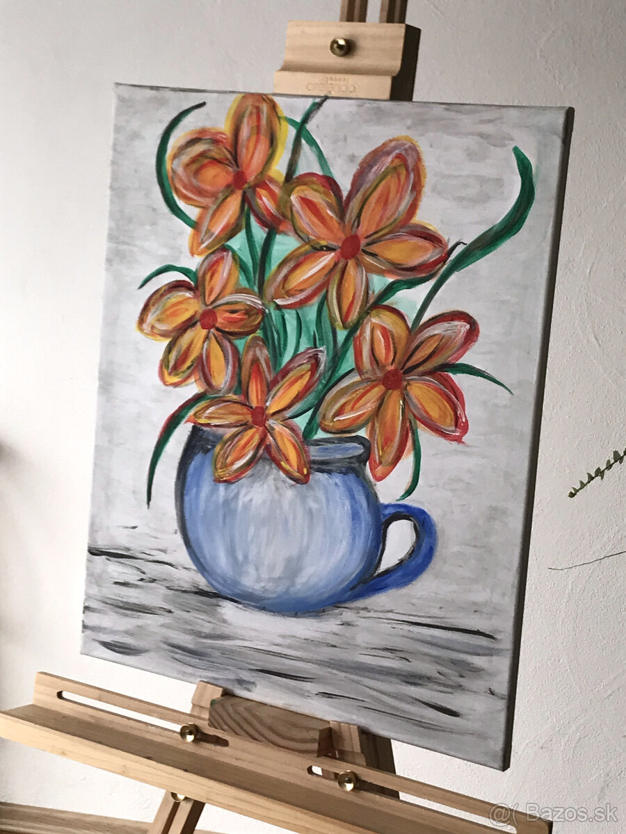 Originálna akrylová maľba - Kvety v modrom - 2