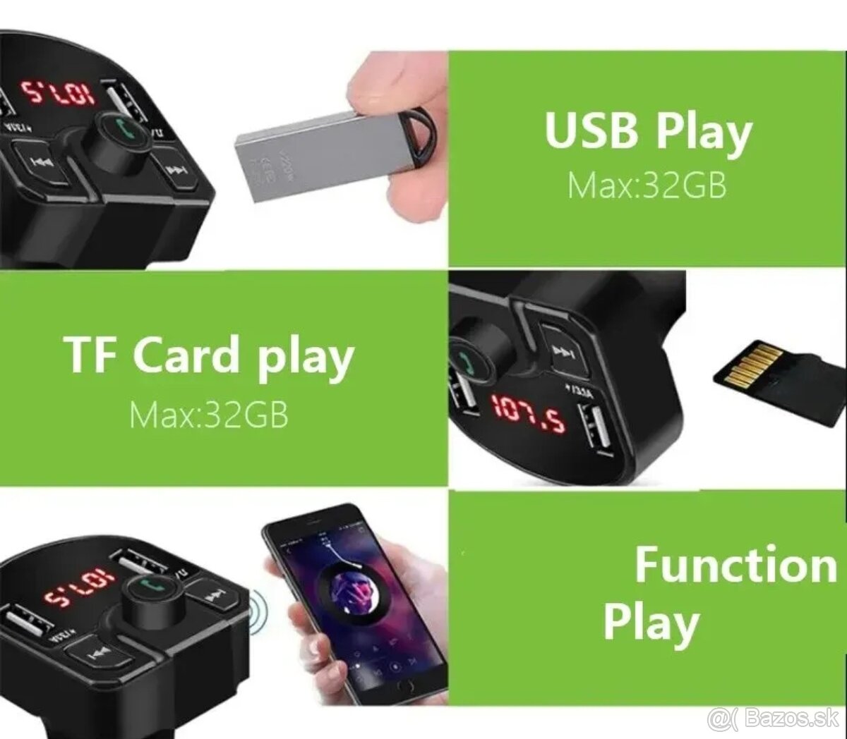 FM transmitter_,bluetooth prijímač hudobný prehrávač do auta - 2