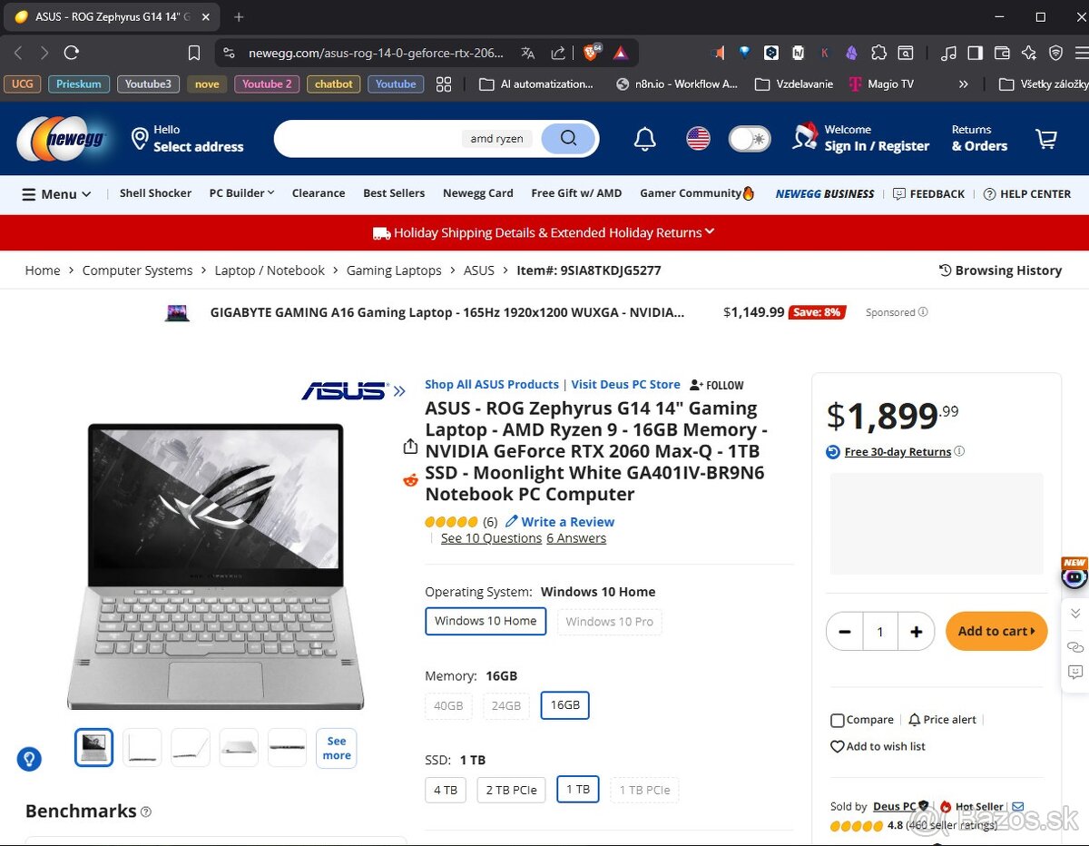 Asus ROG Zephyrus, Ryzen9 4900HS,RTX 2060,až 2TB,40GB,zaruka - 2