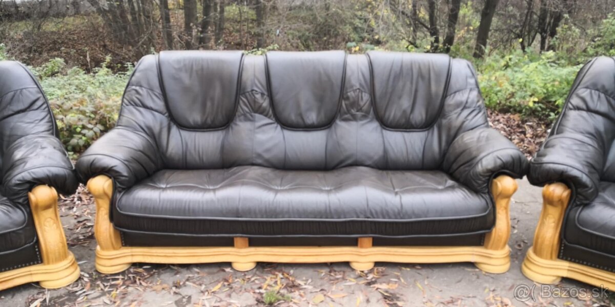 Kožená sedacia súprava 3+1+1 s masívnym dubivým drevom - 2