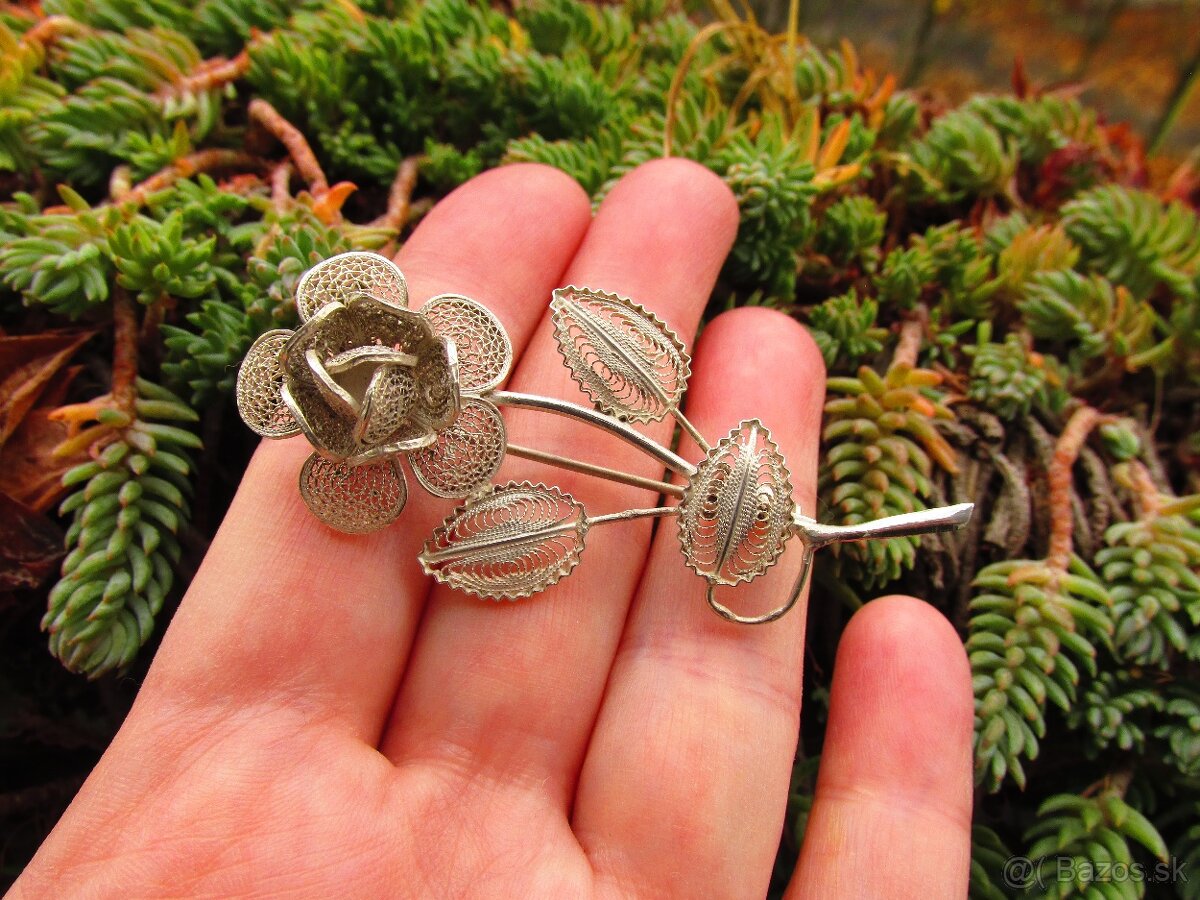 Stará dámska filigránová brošňa Ruža, Ag 800 - 2