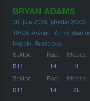 Bryan Adams 30.7.2025 2 lístky - 2
