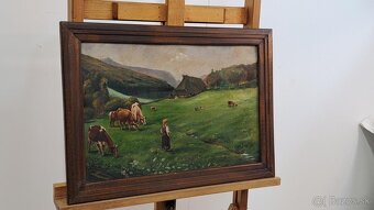 Starožitný obraz - Na pastve - olej - 2