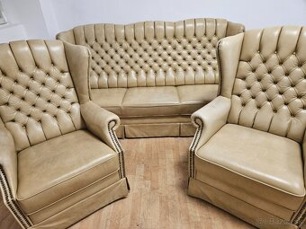 Chesterfield štý,kožená vysoká sedačka,3+1+1 - 2