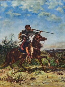 Olejomaľba – jazdec s puškou, signované Cram - 2