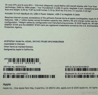 Predam MacBook Air M4 (Model A3240, SKY/10C CPU/8C GPU/16GB/ - 2