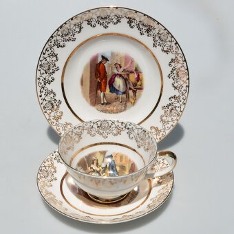 Starožitný porcelánový trojset - Gavalier a predavačka - 2