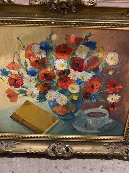 Olejomaľovaný obraz - Kytica kvetov, kniha a šálka kávy - 2