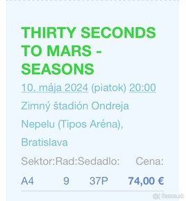 Thirty second to mars lístok Bratislava 10.5.2024 - 2