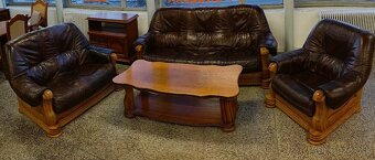 Rustikální kožená sedací souprava, 3+2+1, nábytek z masívu - 2