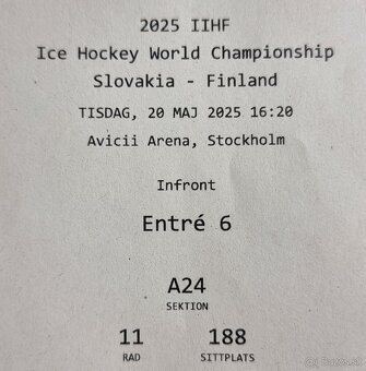 Vstupenky na MS 2025 v Hokeji Štokholm Fínsko vs Slovensko - 2