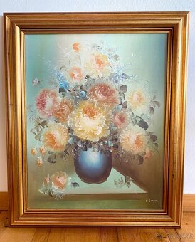 Starý obraz květin, olejomalba na plátně - 2