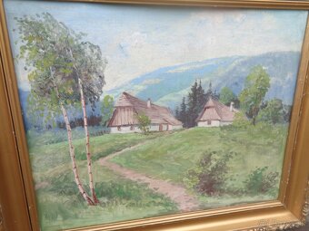 obraz, chalupky na okraji lesa - olejomalba - 2