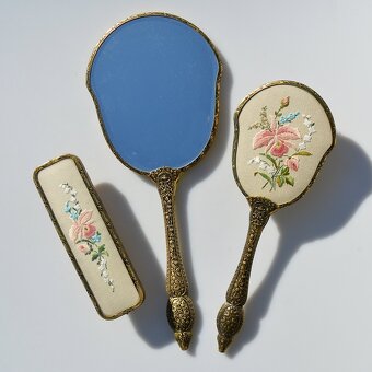 Vintage anglická sada na česanie - zrkadlo + 2x kefa - 2