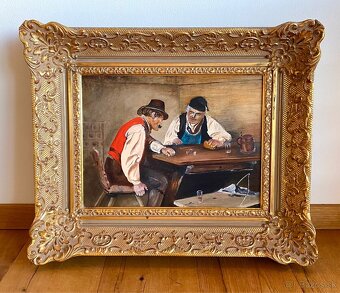 Starý obraz v krásném rámu, olejomalba na desce - 2