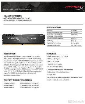 Predám HyperX 8GB (2x4GB) KIT DDR4 3000 MHz CL15 FURY series - 2