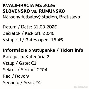 Predám 2 lístky Slovensko - Rumunsko 31.3.2026 - 2