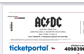 ACDC Praha 26.6.2025 Listky na sedenie sektor A/ r16 - 2