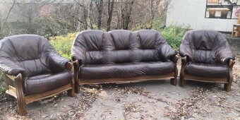 Kožená sedacia súprava 3+1+1 s masívnym dubivým drevom - 2