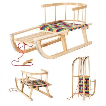 Detské drevené sánky s operadlom rukoväťou a povrázkom - 2