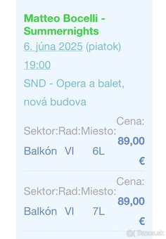 Predam 2ks vstupenky Koncert Matteo Bocelli - 2
