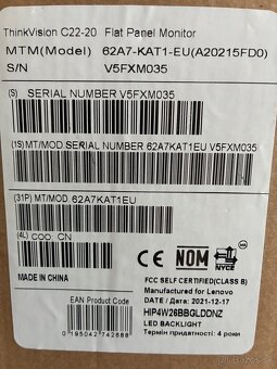 Predám nový monitor Lenovo ThinkVision C22-20 (22”, Full HD) - 2
