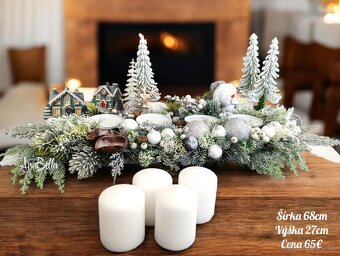 Adventný biely svietnik so Snehuliakom a chalúpkami - 2