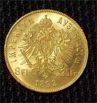 Zlatá investičná minca, mince, 8 zlatník F.Jozef I., r. 1892 - 2