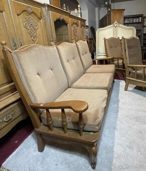 Vintage trojsed + 2ks kreslo, masiv, textilia, set - 2